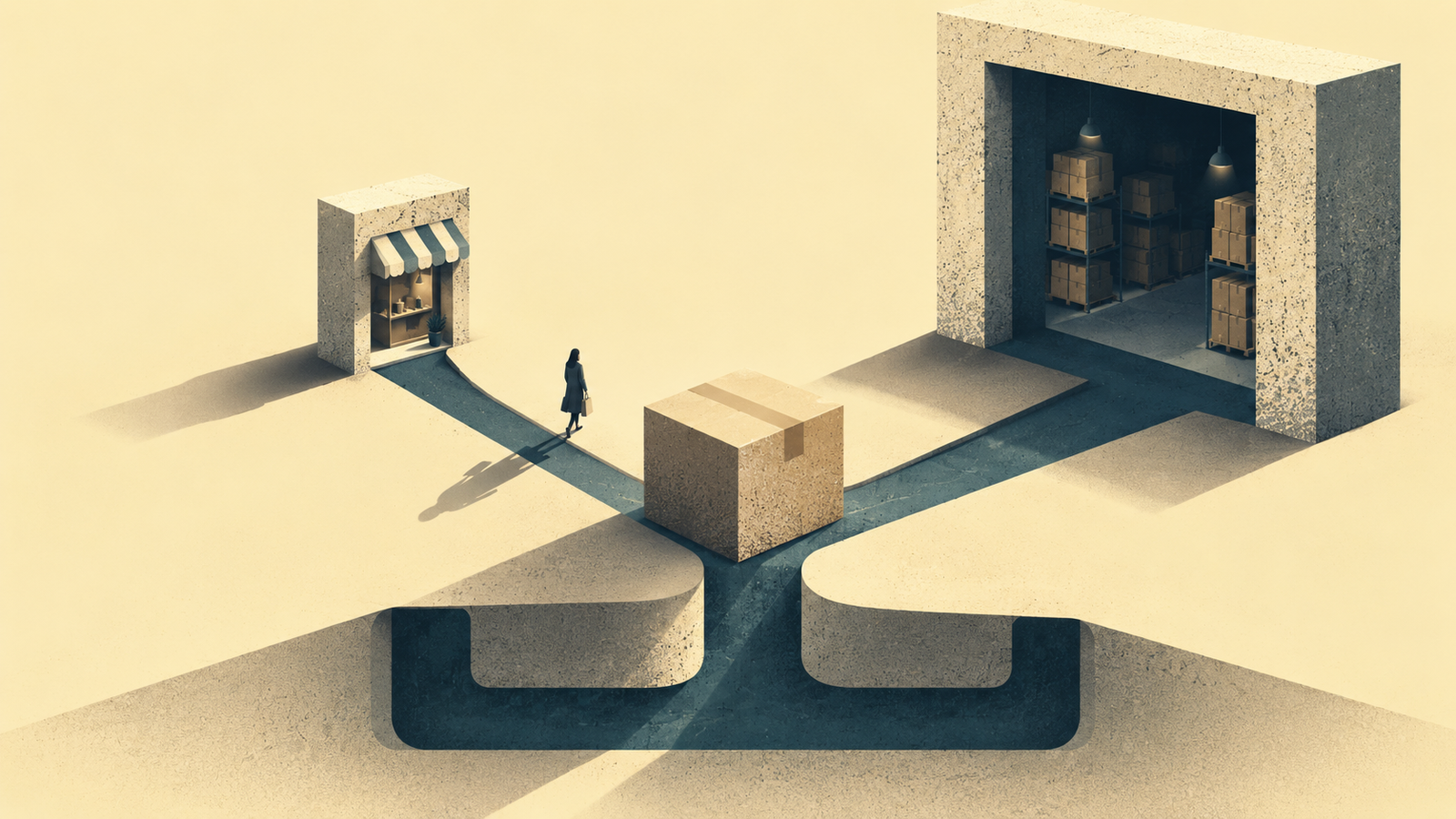 Parcel linking a shop and a warehouse through a concealed channel, illustrating fulfilment infrastructure.