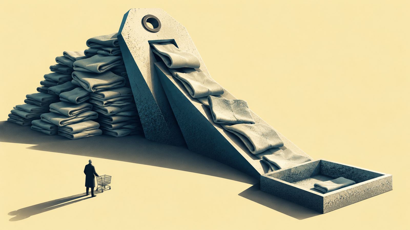 Oversized blank price tag and folded fabric ramp, illustrating markdowns and what remains.