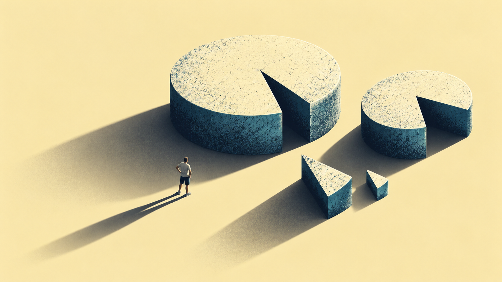 Two differently sized sculptural pies and wedges, illustrating percentage margins versus total profit.