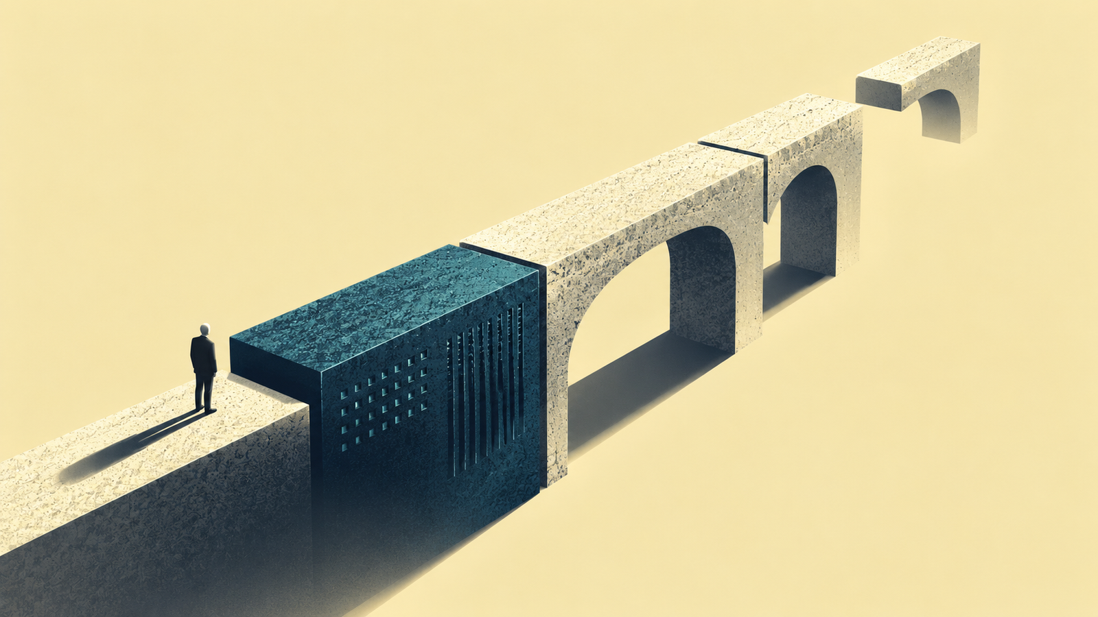 Computing tile forming a bridge toward unfinished spans, illustrating uncertain investment payback.