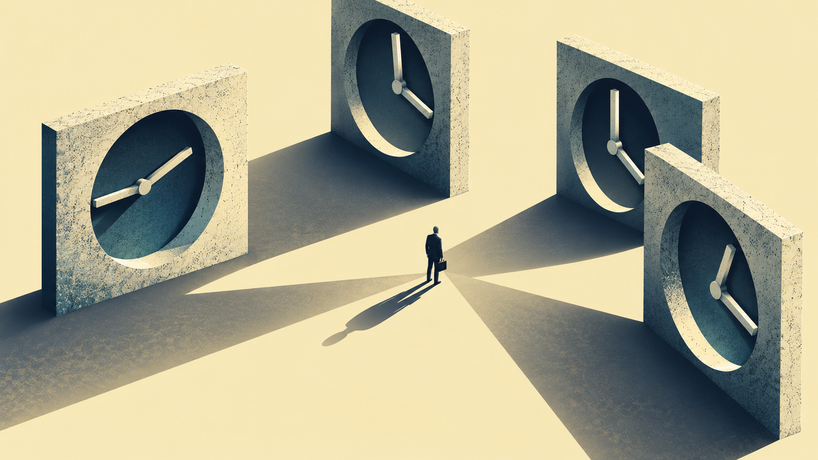 Four monumental clock forms casting different shadows, illustrating investment timelines.