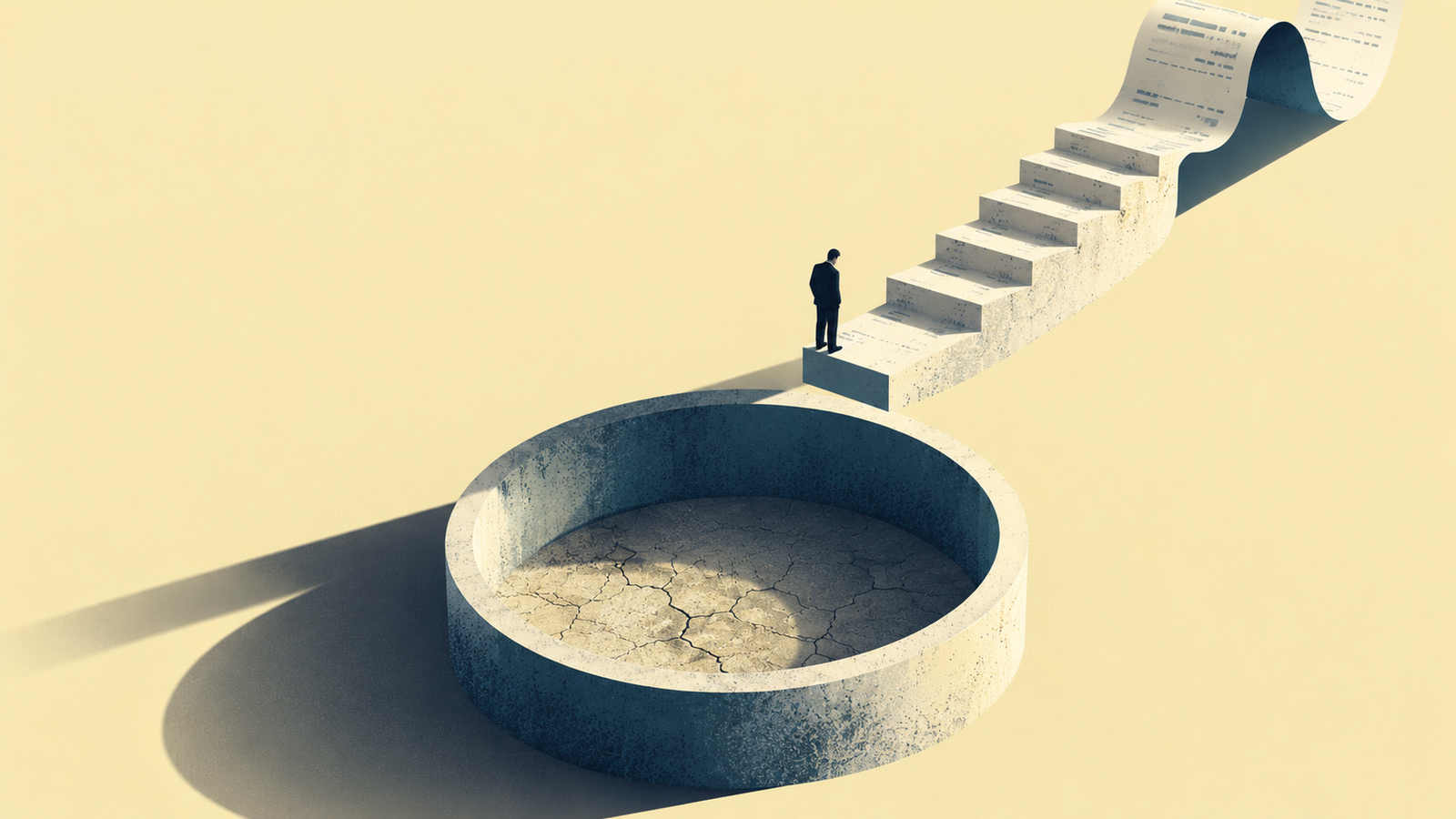 Sculptural receipt staircase ending above a dry reservoir, illustrating the gap between profit and available cash.
